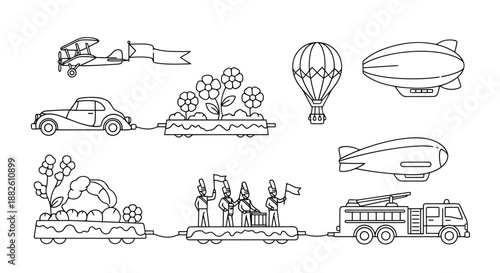 Vintage Transportation Parade Elements Featuring Airships Hot Air Balloons Automobile and Fire Engine With Elaborate Floats Celebrating Festivity