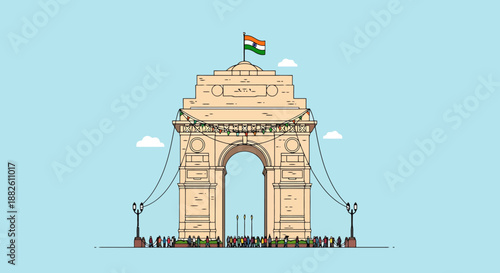 Historic Arch Monument with Flag and Crowd Celebrating National Holiday in Clear Sky Vector Art