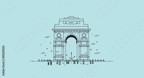 Minimalist Line Art of India Gate Monument in Delhi Against a Pastel Blue Background Symbolizing Travel and Culture