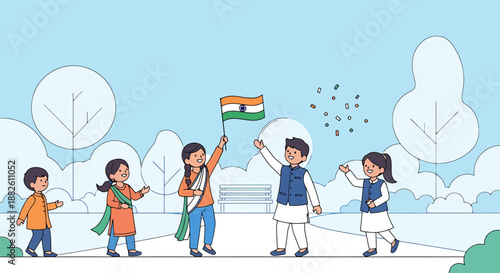 Children Celebrate National Holiday Holding Flag In Park Outdoor Scene With Trees And Clear Sky And Small Birds In Distance