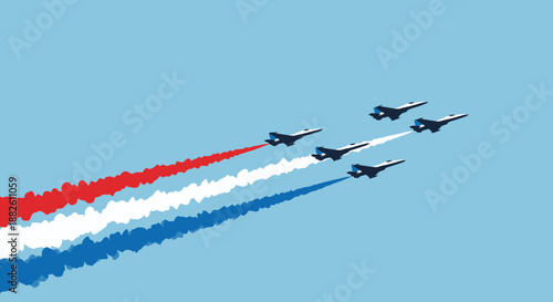 Formation of Military Jets Performing Aerial Maneuvers with Colored Smoke Trails Against a Clear Blue Sky