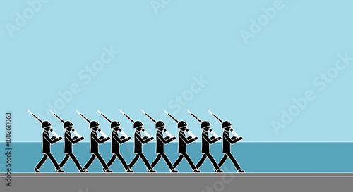 Military Personnel Marching in Formation with Rifles in Formation Against a Clear Sky Background