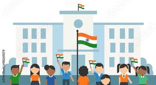 Diverse Group Of People Celebrate National Holiday Raising Flags In Front Of A Public Building With Monumental Architecture In Sunny Weather