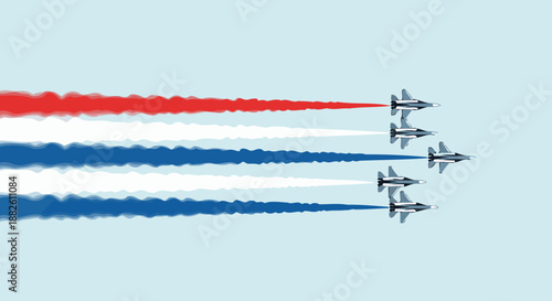 Formation air show performs aerial display with red white and blue smoke trails against clear sky