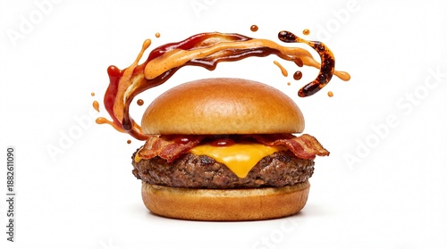 Delicious burger with bacon and cheese with sauce splash.
