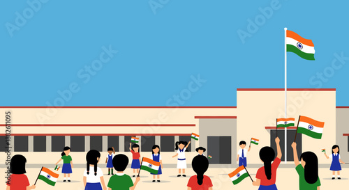 Children Celebrate National Holiday Waving Small Flags Around School Building With Large National Flag Flying High