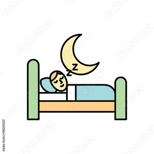 Illustration depicting a peaceful individual comfortably sleeping in bed under a crescent moon, symbolizing rest, relaxation, and a good night's sleep for overall well-being and health