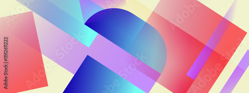 A sophisticated abstract design showcasing bold geometric forms with rich color transitions including deep blue magenta and coral red overlays