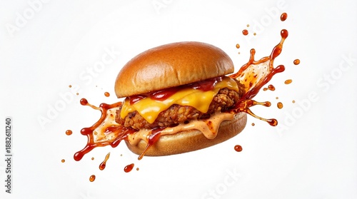 Delicious Chicken Sandwich with Sauce Splash on White Background.