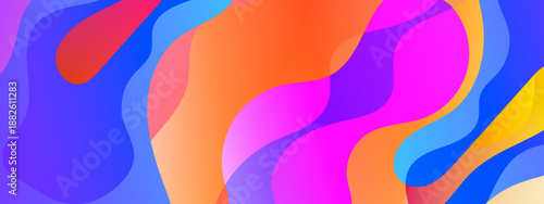 A high energy abstract composition featuring intersecting liquid waves in intense shades of purple orange blue and magenta pink