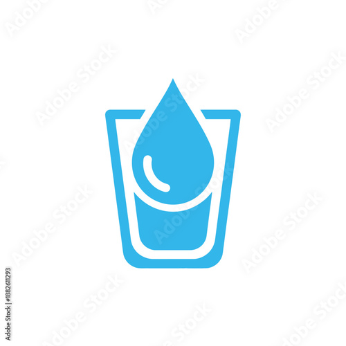 Minimalist blue icon of a water drop falling into a glass, representing hydration and purity in a clean, modern design style