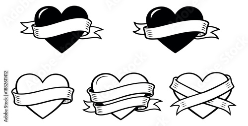 Hand drawn line art heart and ribbon set featuring various classic designs for love and romance messages
