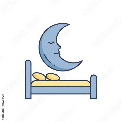 Minimalist illustration of a serene bed with a sleeping crescent moon overhead, symbolizing peaceful rest, sweet dreams, and the tranquil quiet of bedtime