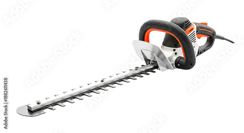 Electric hedge trimmer with orange and black handles on transparent background