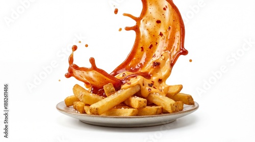 French Fries with Ketchup Splash: A Delicious and Dynamic Image.