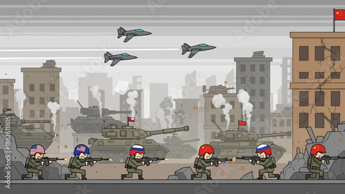 Cartoon illustration of soldiers in combat gear advancing with guns in a war-torn cityscape with military aircraft and tanks in the background.