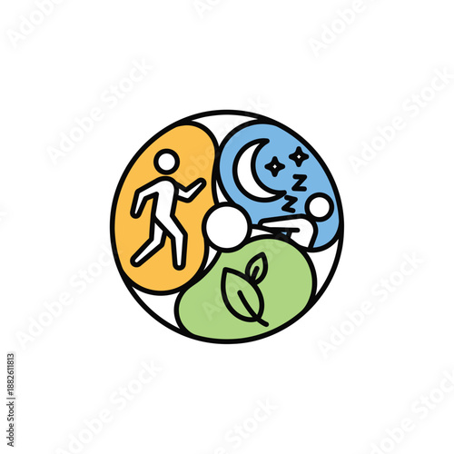 Conceptual icon illustrating a balanced healthy lifestyle through essential elements exercise, quality sleep, and nature. This design promotes holistic well-being and mindful living