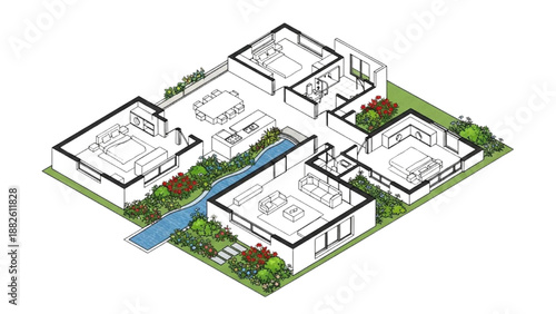 High-quality black continuous line art of an isometric modern house floor plan showing room volumes and open connections, colorful garden and water path, architectural illustration