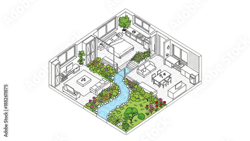 High-quality black continuous line art of an isometric tiny house floor plan with compact multifunctional zones, colorful garden and water path, modern micro living illustration