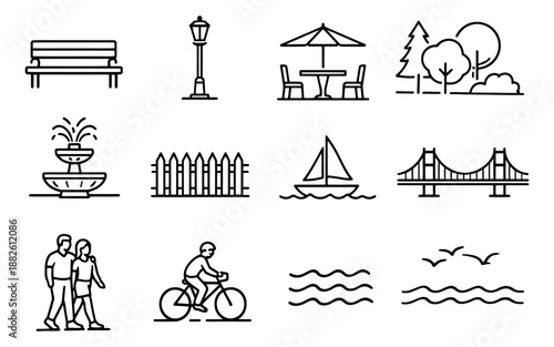 Line art outdoor and recreation icon set featuring urban infrastructure, park elements, and human activities for public spaces design