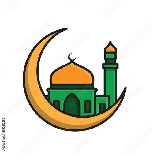 Ramadan icon. crescent moon with a mosque in the center. Islamic, Muslim, Arabic. Isometric design style