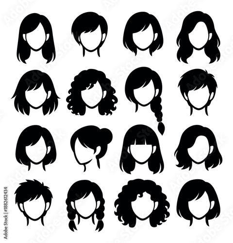 Stylized hair styles set featuring various women's haircuts for fashion and beauty design