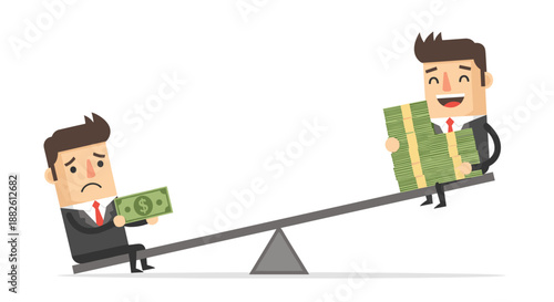Financial Inequality Concept with Businessmen on a Seesaw and Unequal Money
