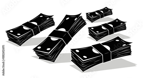 Black and White Stacks of Dollar Banknotes Vector Illustration for Finance