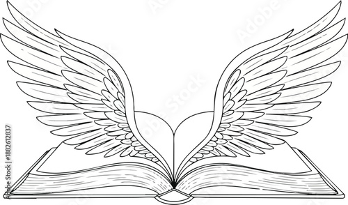 Illustration of an open book with wings emerging from it