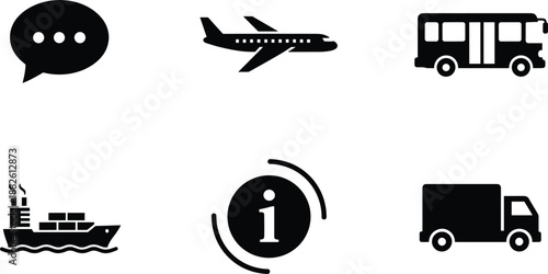 Set of black solid icons including airplane, bus, cargo ship, delivery truck, chat bubble and information symbol.