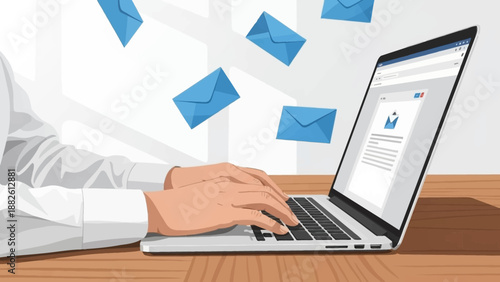 Illustration of a person typing on a laptop with emails flying out in a modern workspace
