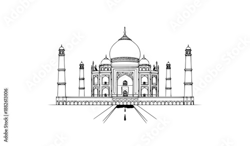 Minimalist vector illustration of the Taj Mahal with clean lines on white background for travel and cultural designs