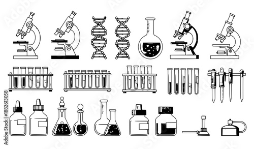 Playful cartoon vector of lab equipment and biotechnology tools for education, research, and science illustrations