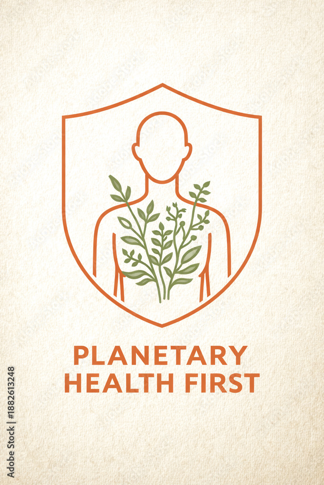 Obraz premium Abstract illustration of a human silhouette within a shield outline, with green foliage growing from the chest, symbolizing planetary health first.