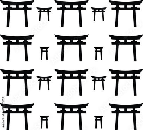Japanese torii gate silhouettes set, traditional shrine entrance symbols, Asian culture vector illustration isolated on white background, minimal design