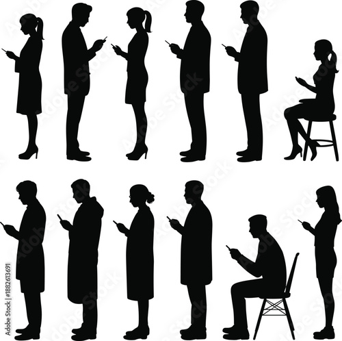 Business people silhouettes using smartphones, standing sitting men women isolated white background, technology communication lifestyle concept illustration