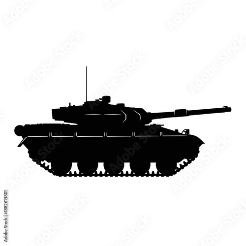 Silhouette of a military tank with turret and tracks, isolated on white background