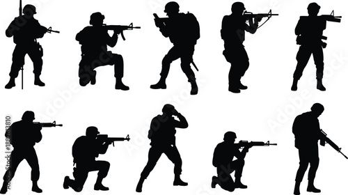 Armed soldier silhouette set with military infantry combat poses aiming kneeling standing tactical actions isolated on white background
