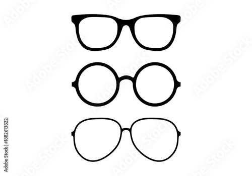 Set of silhouette glasses of various shapes and sizes. The glasses are all black and arranged in a row isolated on a white background