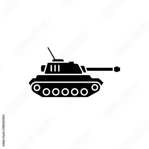 Black silhouette of a military tank with cannon and tracks, isolated on white background.