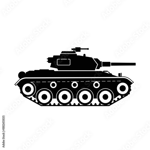 Black silhouette of a military tank with cannon and tracks, isolated on white background