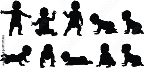 Baby silhouettes collection crawling sitting standing playing poses infants toddlers isolated white background vector illustration childhood growth development concept