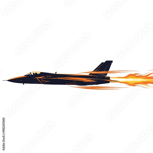 Black fighter jet in flight leaving fiery exhaust trails against white background