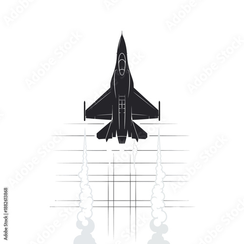 Silhouette of modern fighter jet ascending with smoke trails, top view, vector illustration