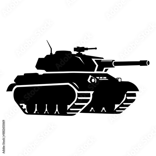 Black Silhouette of a Modern Military Tank on White Background