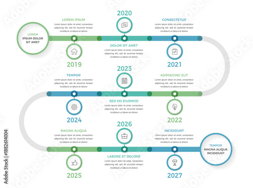 Winding timeline infographic template with 9 milestones showing progression through multiple years with icons and text sections