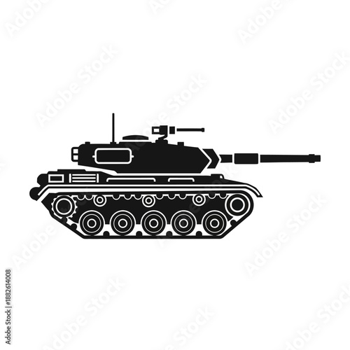 Black silhouette of a military tank on a white background, side view, detailed illustration