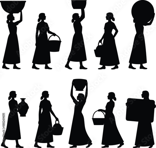 Rural women silhouettes carrying baskets water pots collection traditional village female life isolated white background vector illustration