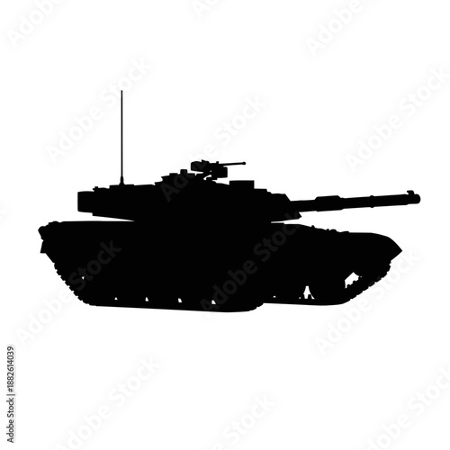 Black Silhouette of a Modern Military Tank on White Background
