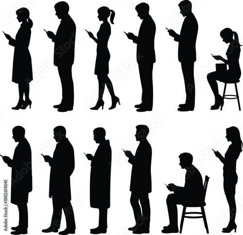 Business people silhouettes using smartphones standing and sitting men women isolated white background technology communication lifestyle illustration